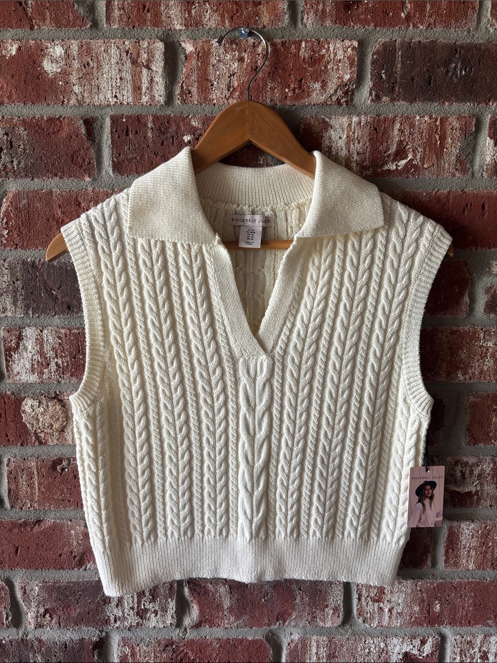 Sincerly Jules Ivory Cable-Knit V-Neck Polo Sweater Vest